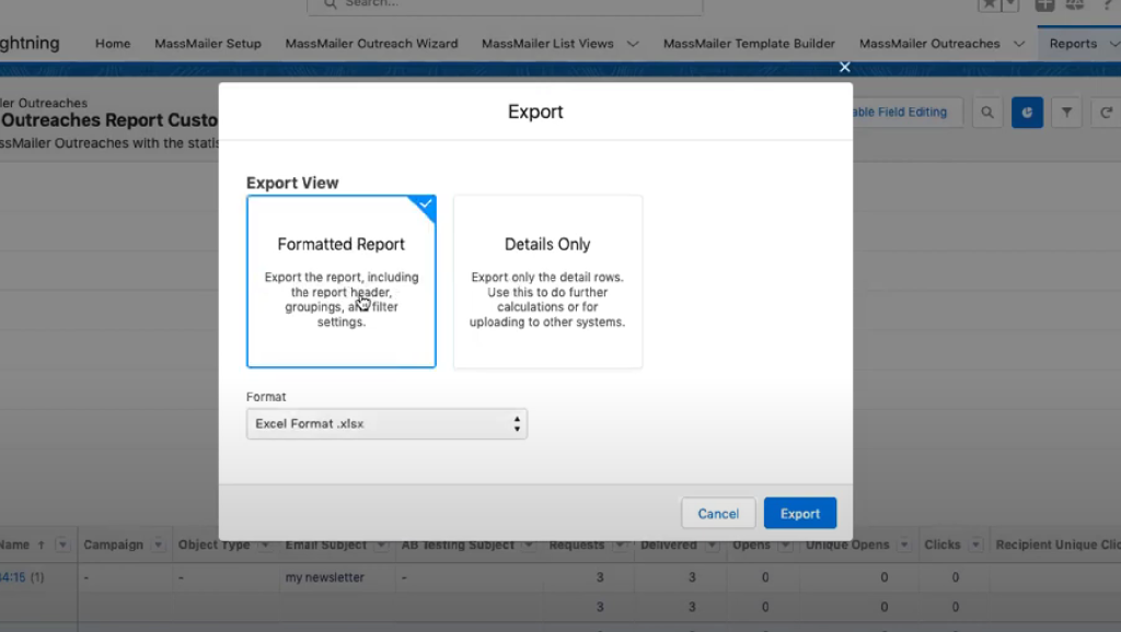 Export view in Massmailer