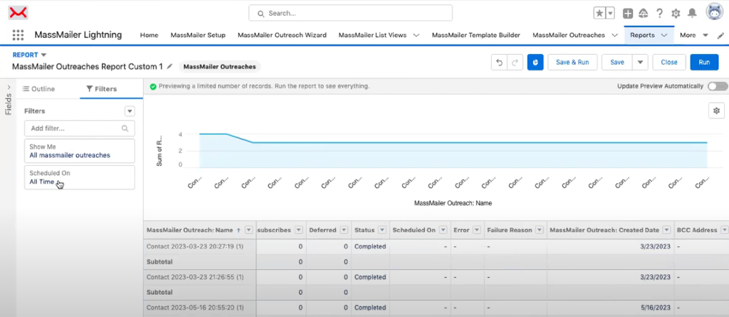 MassMailer outreach custom report 2 