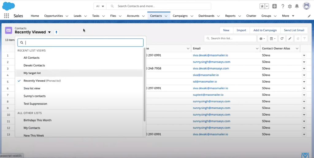 Select contacts from the tab list