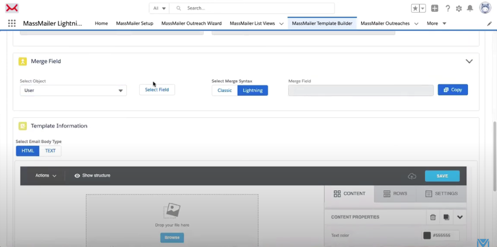 Template builder view in MassMailer