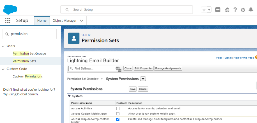 Salesforce Lightning Email Builder permissions settings