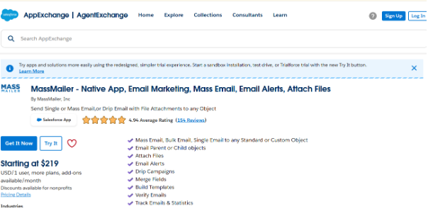 MassMailer Salesforce AppExchange listing with features, pricing, and rating