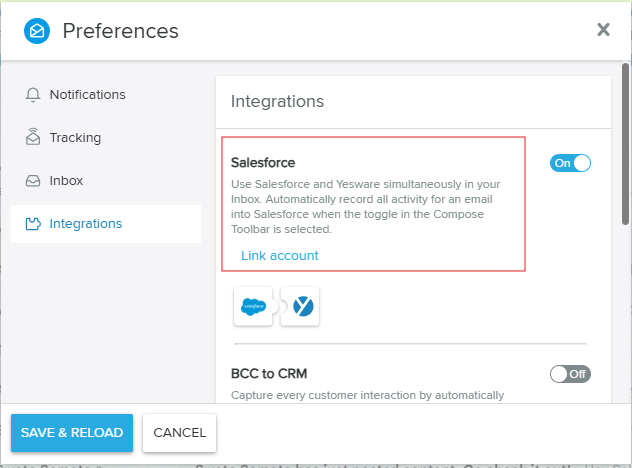 Yesware Salesforce integration preferences screen