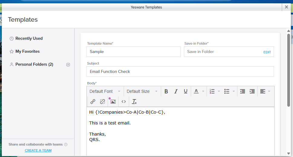 Yesware email template creation window
