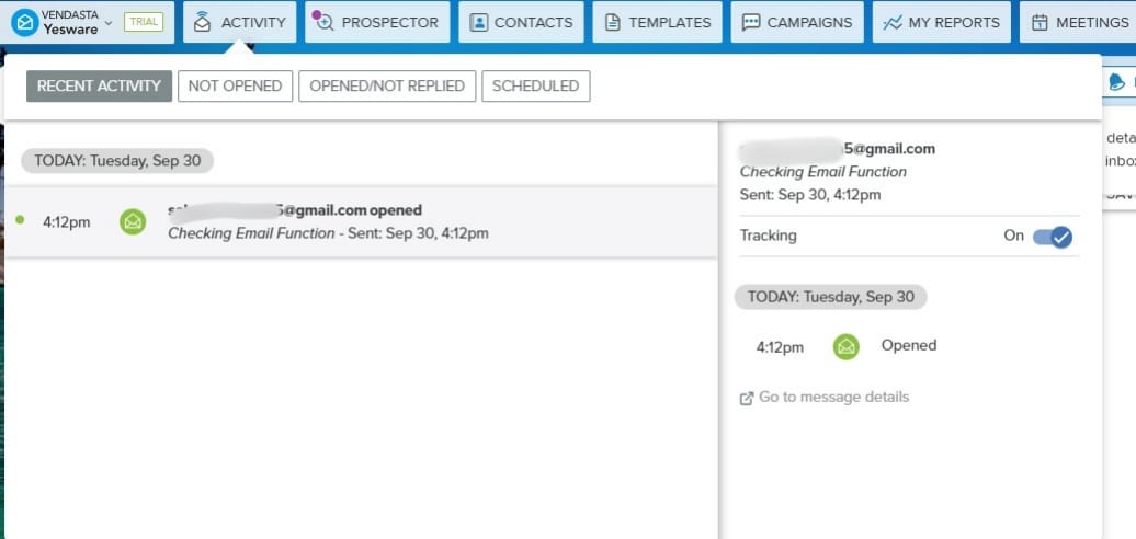 Yesware email tracking activity dashboard